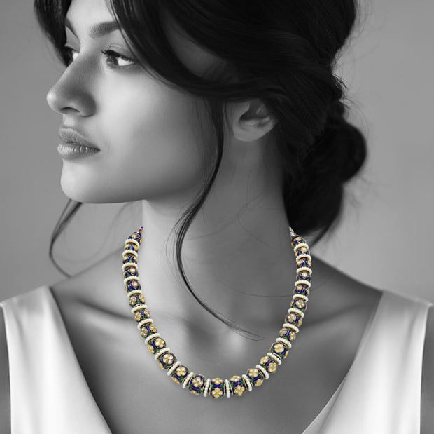 Gold Beads Necklace with Blue-Green Meenakari, Polki, and Pearls